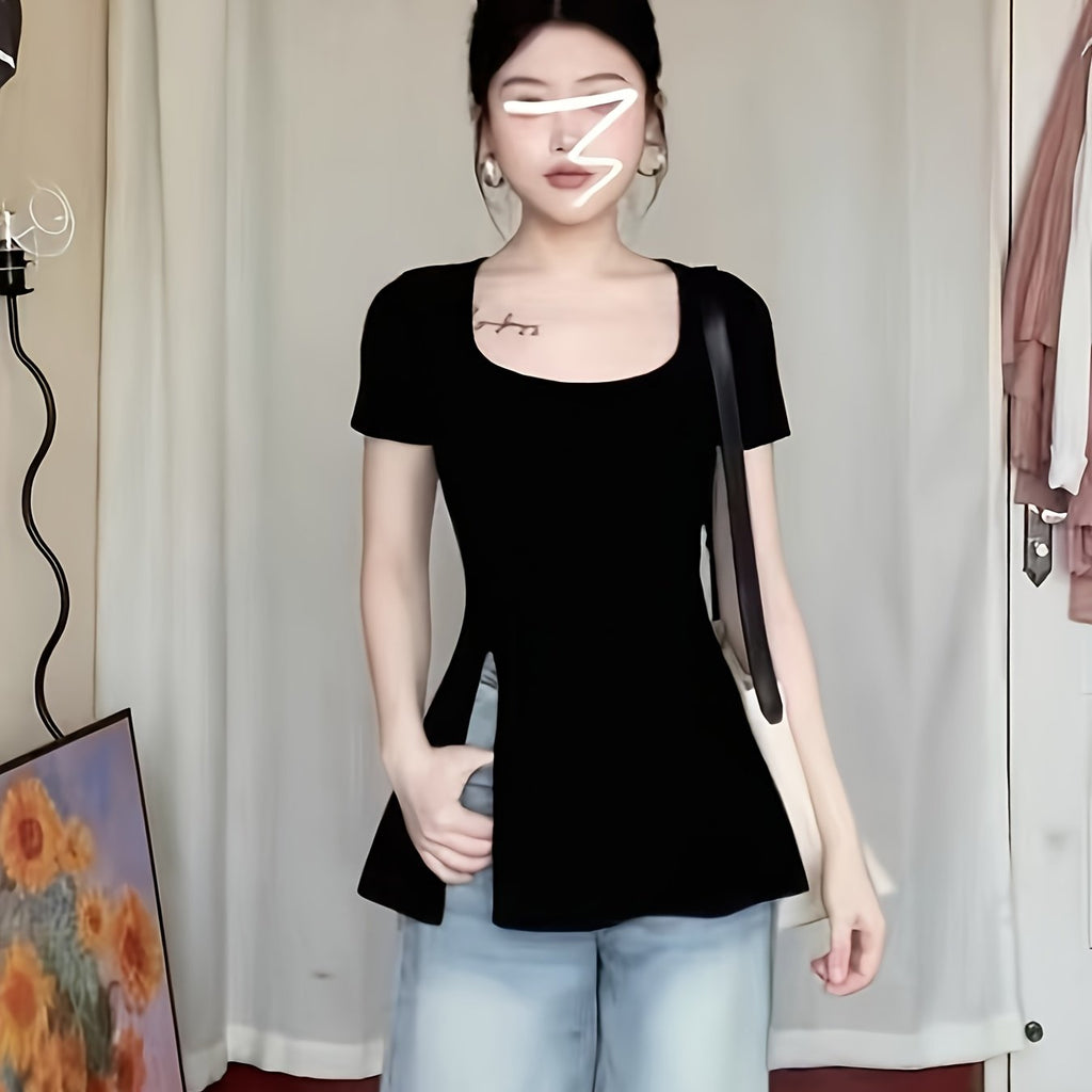 19918 1a-123 Camiseta con cuello cuadrado y abertura lateral