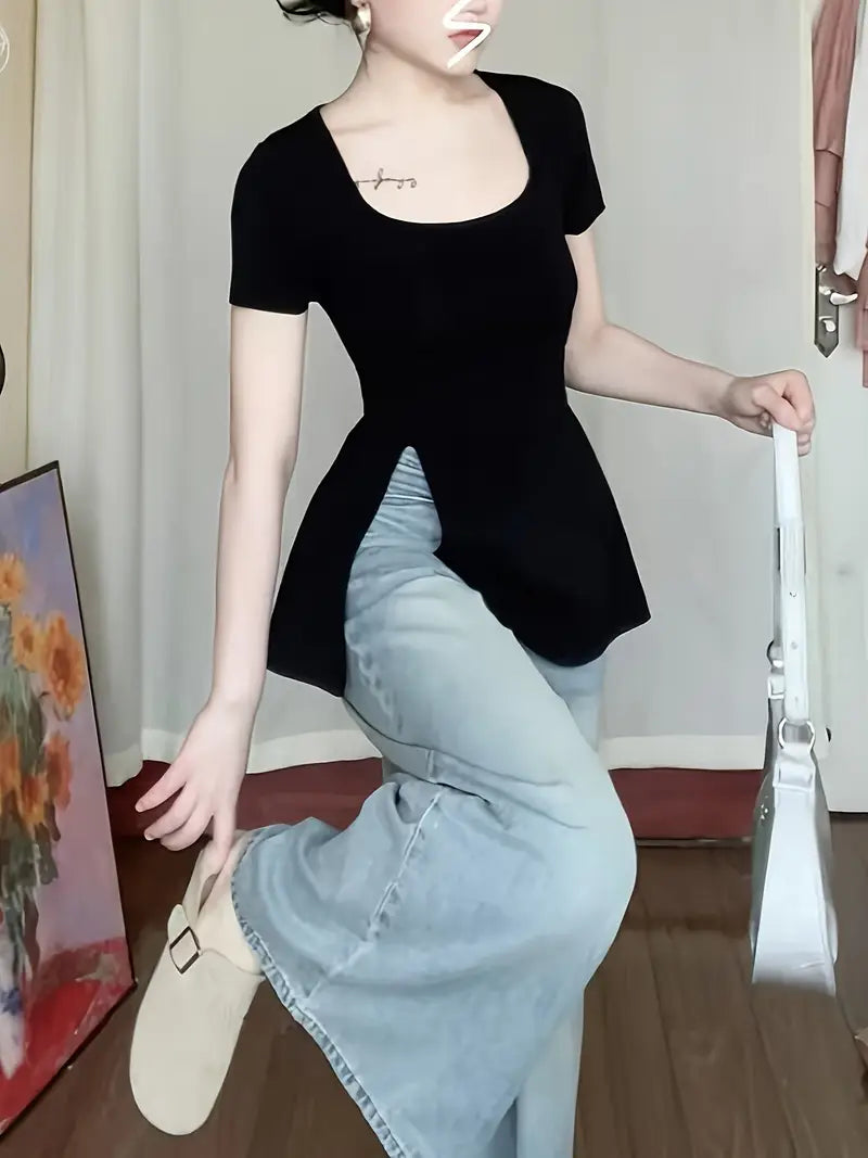 19918 1a-123 Camiseta con cuello cuadrado y abertura lateral