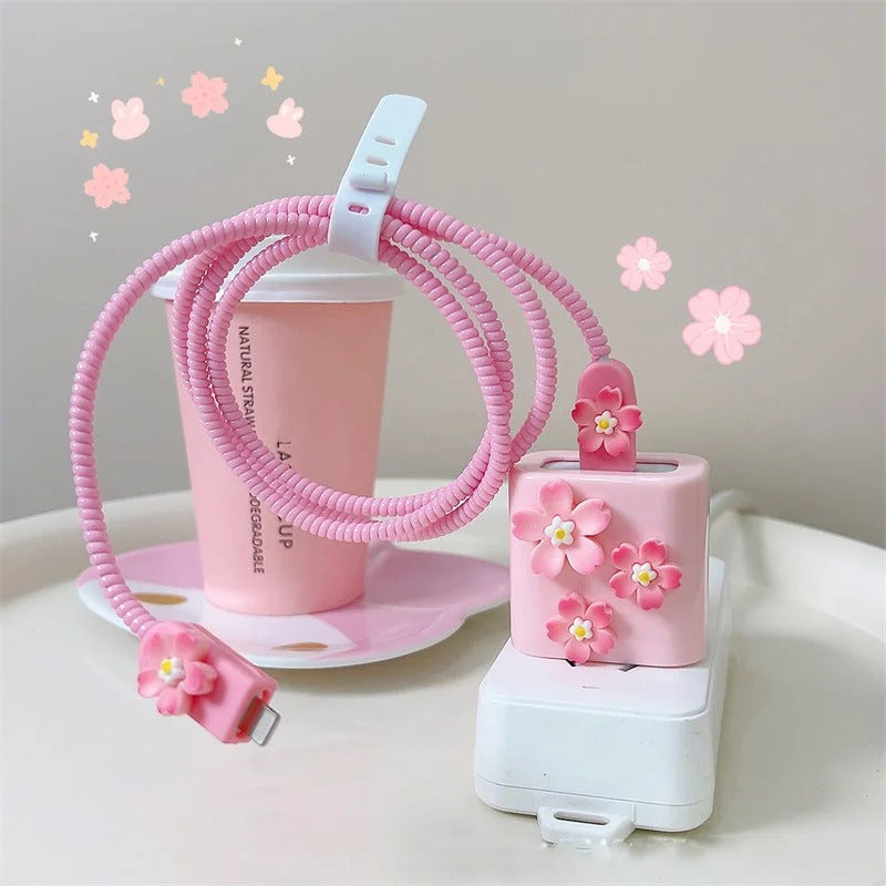 10827 B01-12  Funda de cargador 5 piezas de silicona suave con flor Rosa 3D