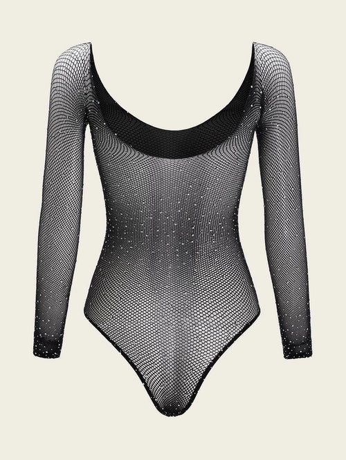 10064 1a-025 Body teddy con tachuela con diamante de imitación con malla
