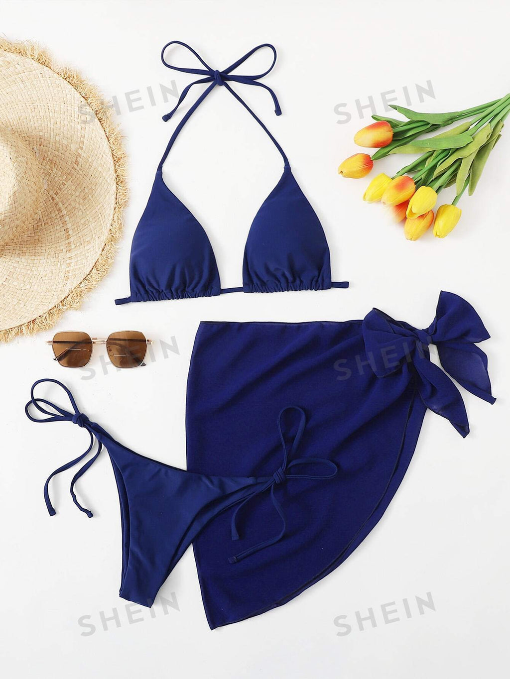 19015 1a-111 Conjunto de bikini unicolor 3 Pzas