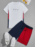 12105 2c-282 Camiseta con estampado de letra con shorts track de color combinado