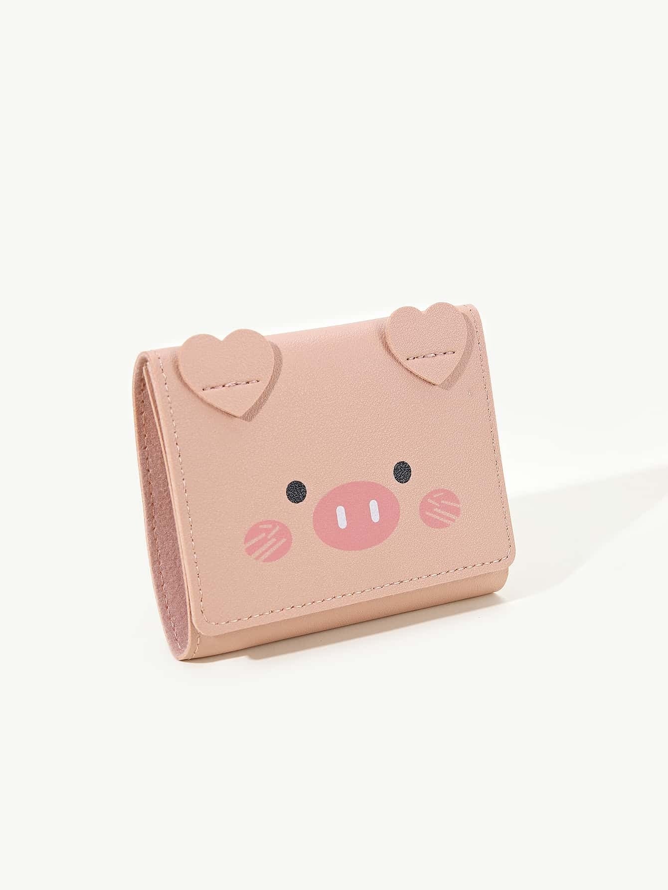 6416 1b-017 Cartera pequeña plegable con patrón de cerdito de dibujos animados