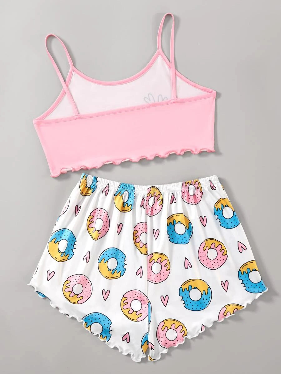 8320 1a-010 Conjunto de pijama de tirantes con estampado de dónuts ribete en forma de lechuga