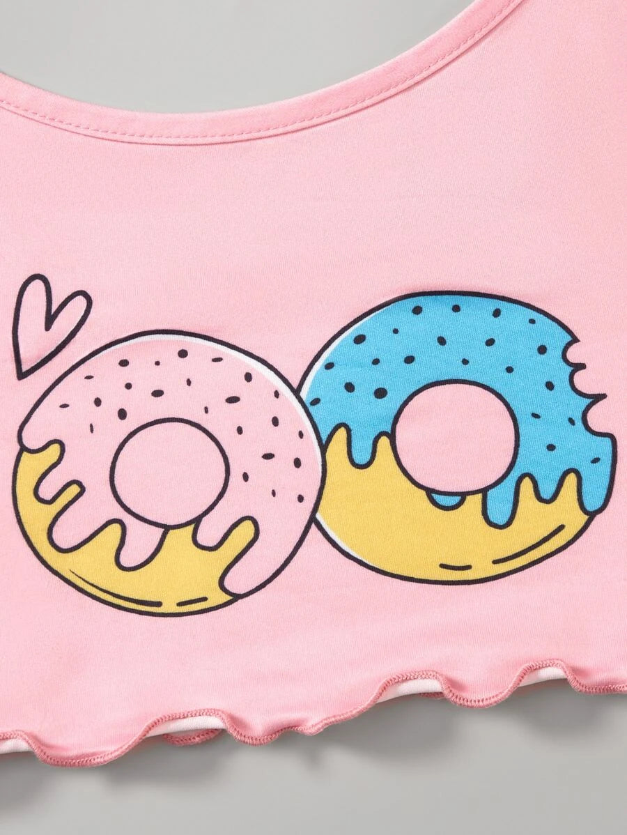 8320 1a-010 Conjunto de pijama de tirantes con estampado de dónuts ribete en forma de lechuga