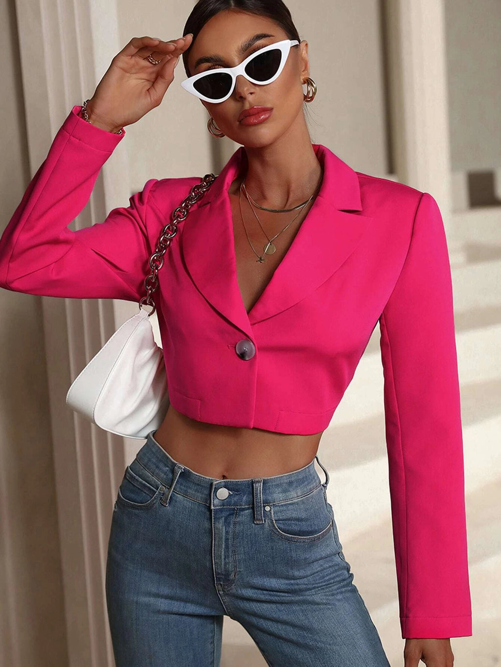 8828 1t-007 Blazer corto unicolor con botón