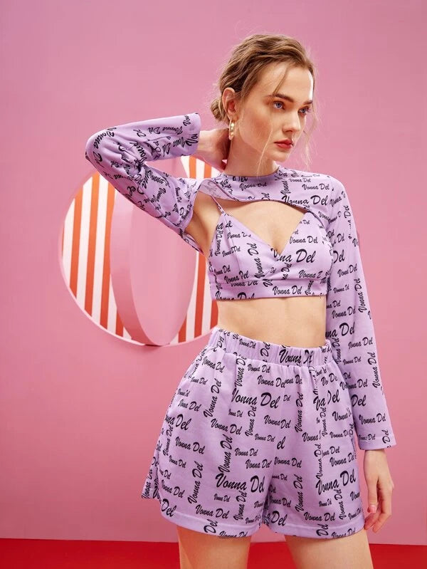 7695 1t-007 Set 3 piezas Top súper corto & Shorts con camisola