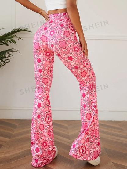 11644 1a-117 Pantalones De Pierna Acampanada Y Estampado Floral De Flores Rosadas