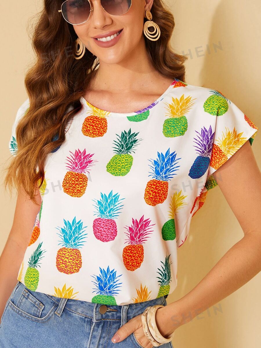 10388 a07-07 Blusa con estampado de piña de manga murciélago SHEIN LUNE