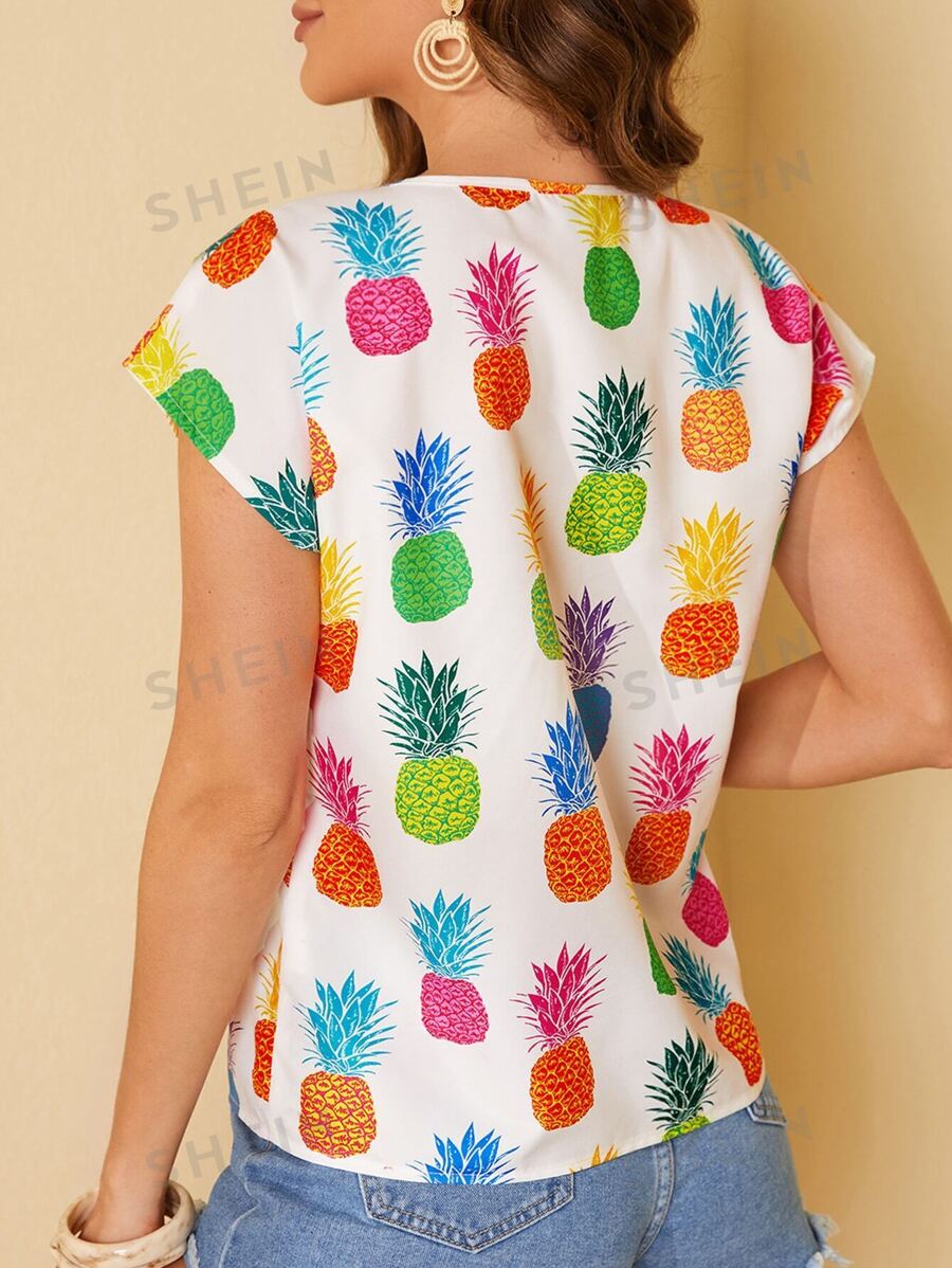 10388 a07-07 Blusa con estampado de piña de manga murciélago SHEIN LUNE