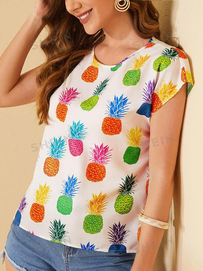 10388 a07-07 Blusa con estampado de piña de manga murciélago SHEIN LUNE