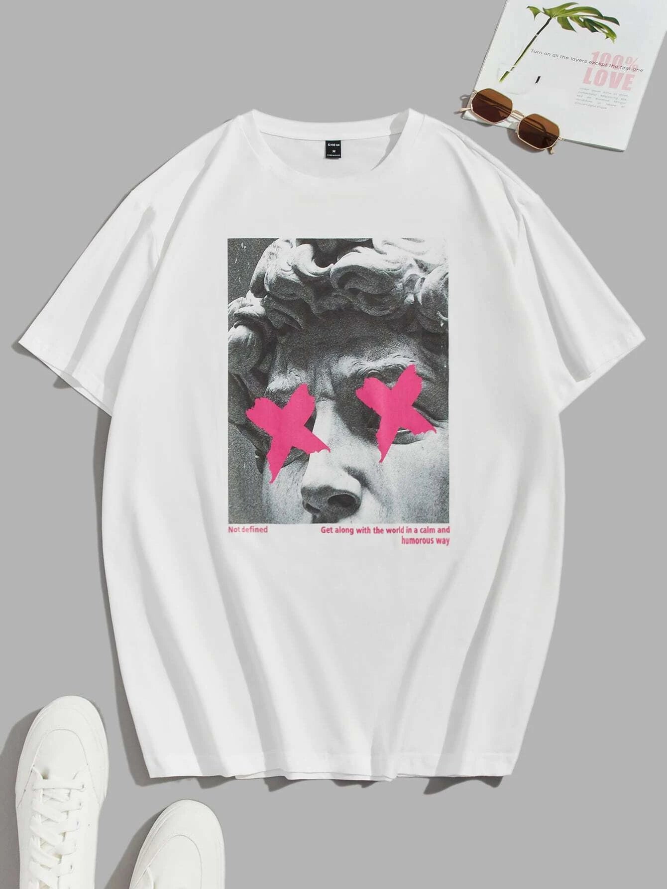 7026 a06-05 Camiseta algodón con estampado de slogan y figura