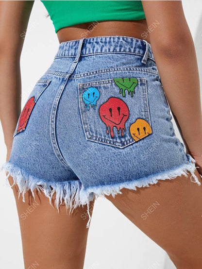 17494 1a-121 Shorts en mezclilla con estampado de cara de dibujos animados 1 Pza