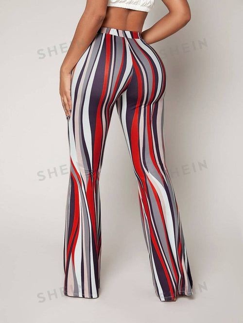 11645 1t-007 Pantalones de rayas de talle alto de pierna amplia