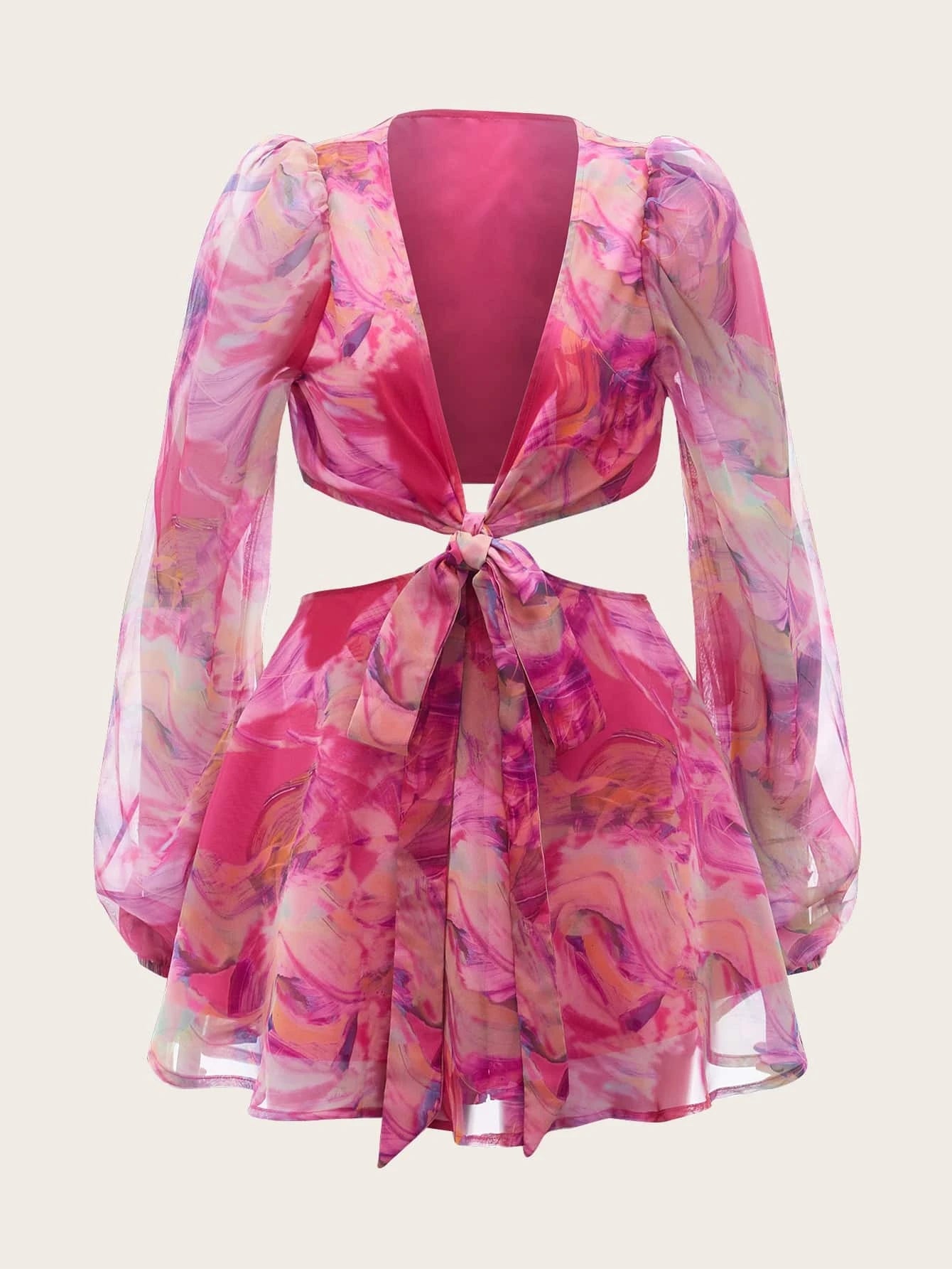 7775 1t-007 Mono de manga farol con nudo de cintura con abertura de gasa