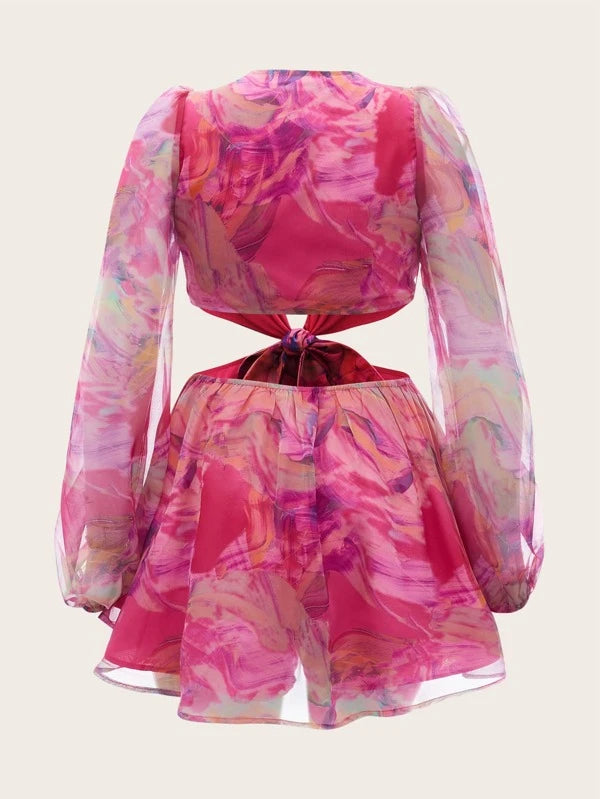 7775 1t-007 Mono de manga farol con nudo de cintura con abertura de gasa