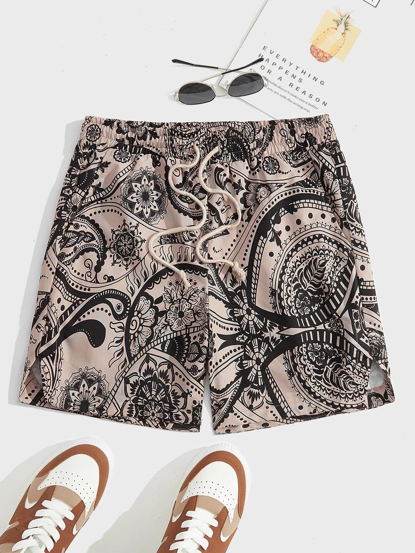 7040 a01-04 Shorts con estampado floral con paisley de cintura con cordón