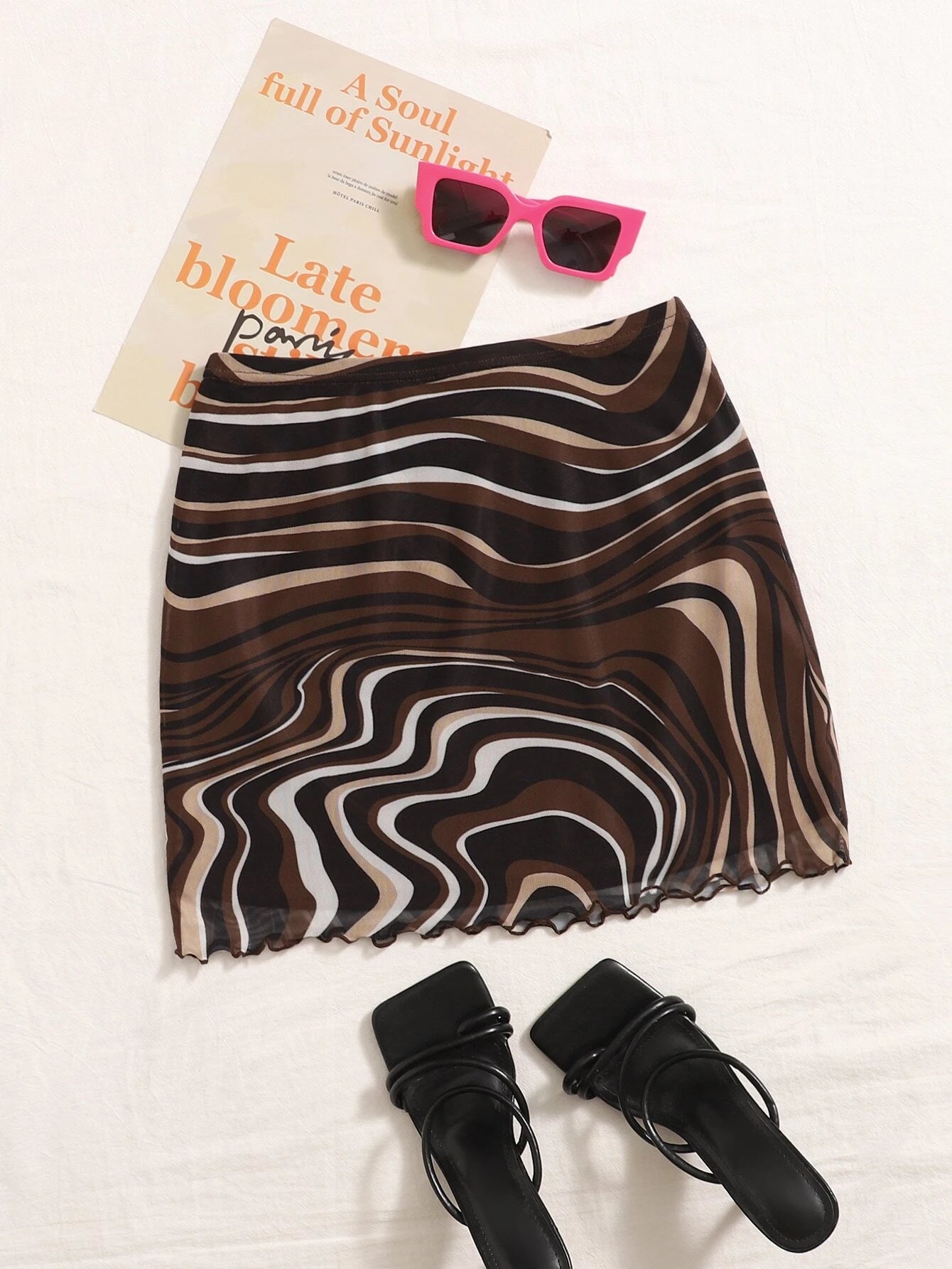 7031 1t-007 Falda con estampado ribete en forma de lechuga de malla