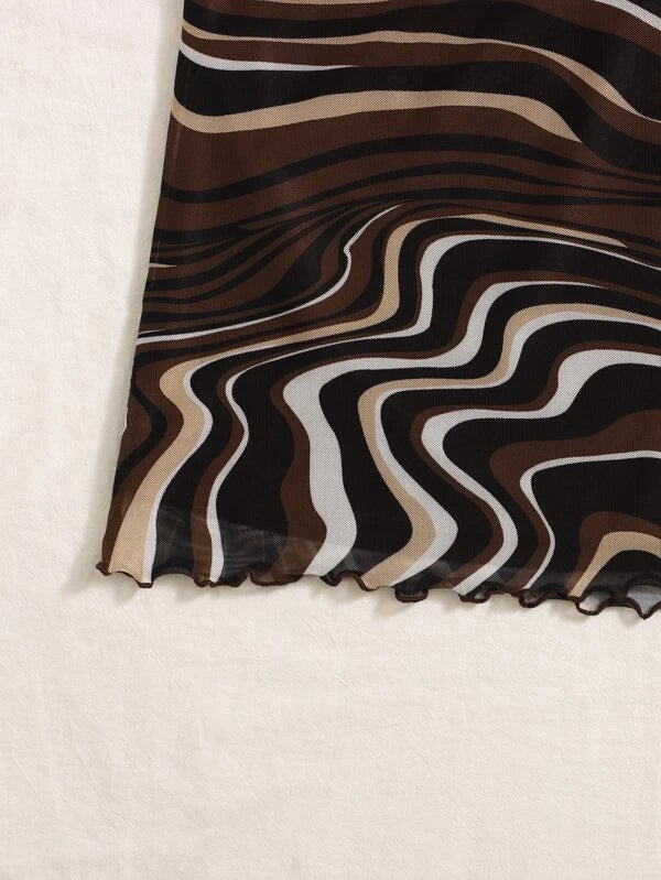 7031 1t-007 Falda con estampado ribete en forma de lechuga de malla