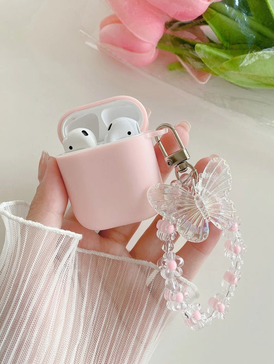 11667 2t-007 Caja Rosa Llana Compatible Con Airpods Con Llavero Decorativo De Mariposa Y Lanyard Kawaii