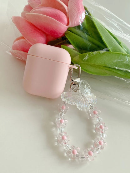 11667 2t-007 Caja Rosa Llana Compatible Con Airpods Con Llavero Decorativo De Mariposa Y Lanyard Kawaii