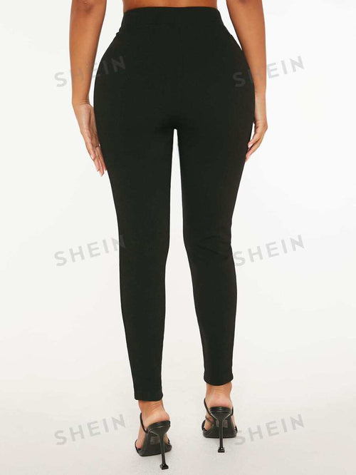 11647 1t-007 Pantalones Ajustados Con Cintura Alta Y Botones Falsos