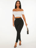 11647 1t-007 Pantalones Ajustados Con Cintura Alta Y Botones Falsos