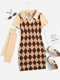15834 1a-065 Vestido con estampado de rombo con manga 2 piezas