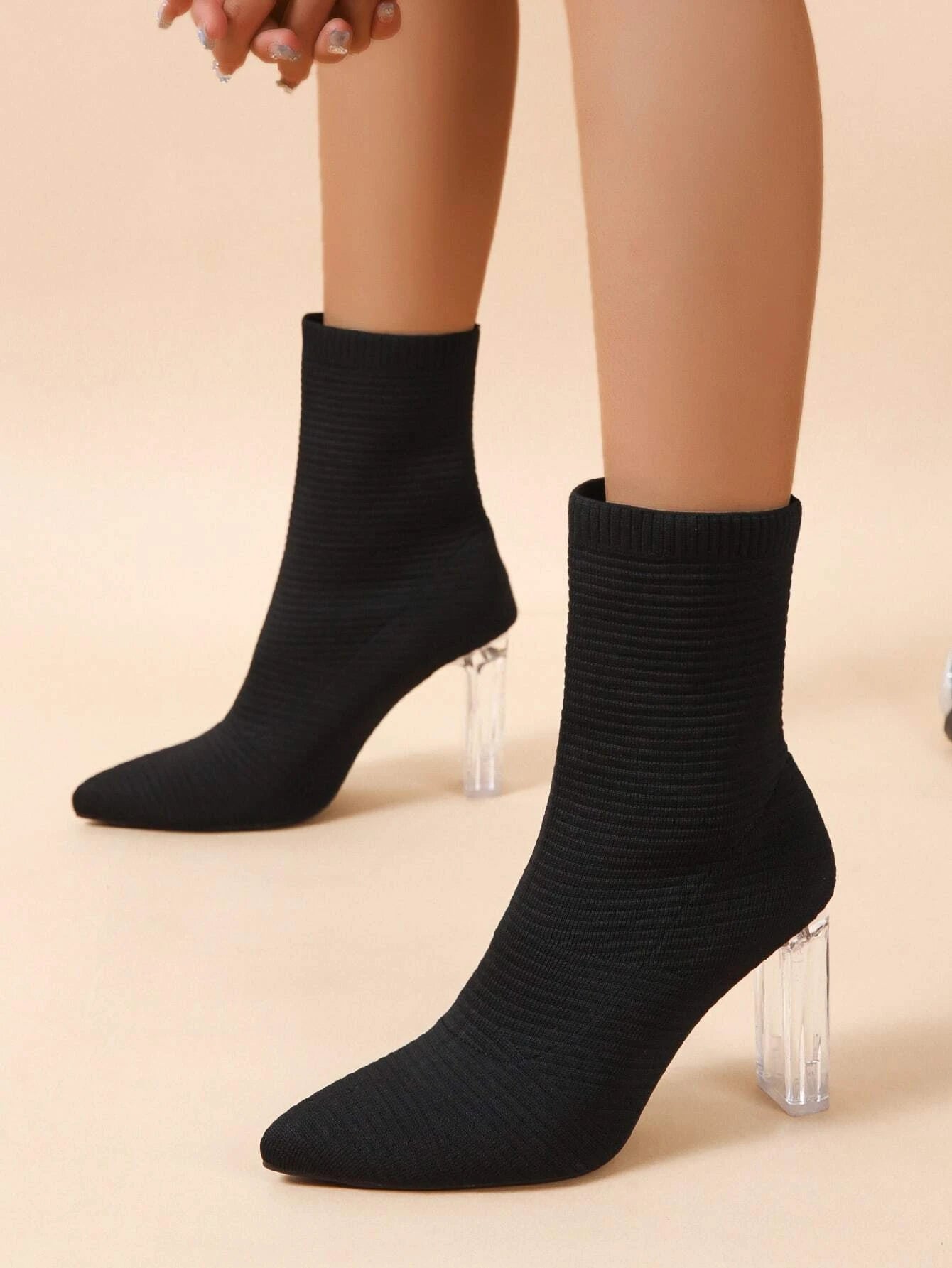 7670 a11-04 Botas calcetín minimalista de punta transparente con tacón grueso sin cordones