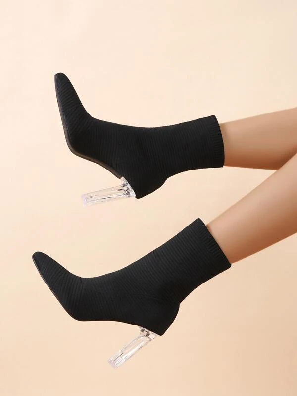 7670 a11-04 Botas calcetín minimalista de punta transparente con tacón grueso sin cordones