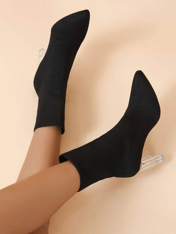 7670 a11-04 Botas calcetín minimalista de punta transparente con tacón grueso sin cordones