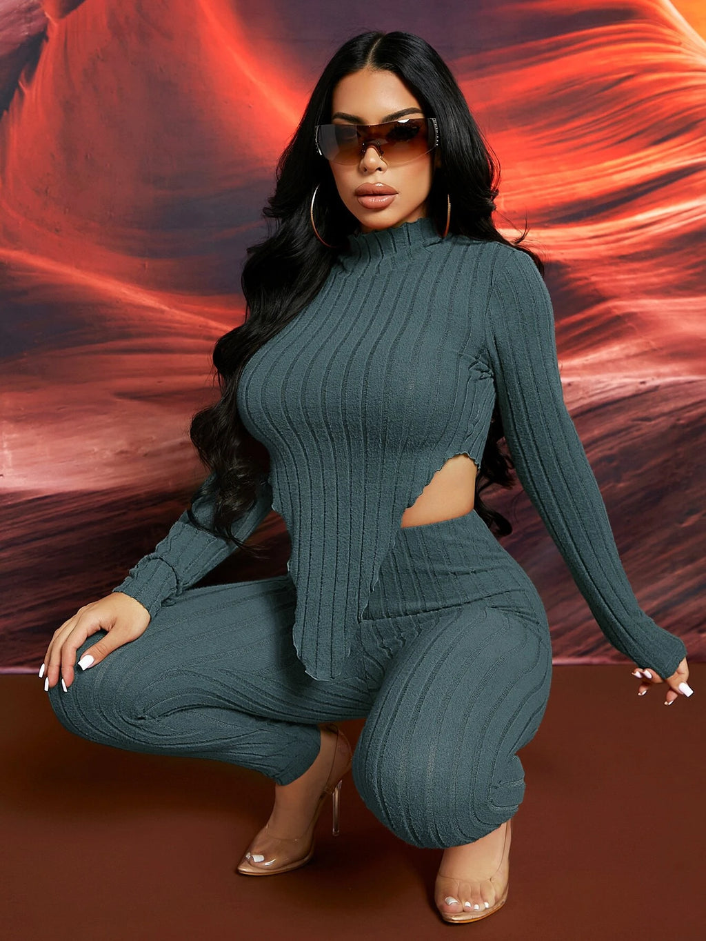 6564 1t-007 Conjunto leggings con camiseta unicolor tejido de canalé bajo asimétrico