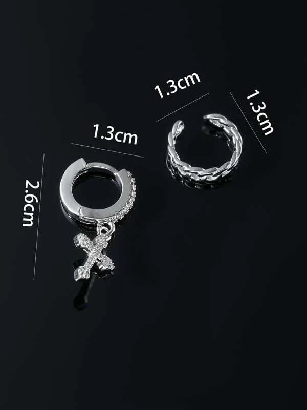 5063 1b-016 Una pieza Hombres Pendiente largo con diamante de imitación cruz & 1 pieza Cuff de oreja
