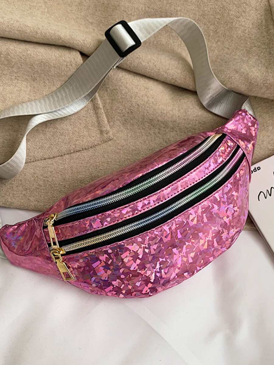 14575 1a-058 Riñonera con cremallera y patrón geométrico holográfico rosa