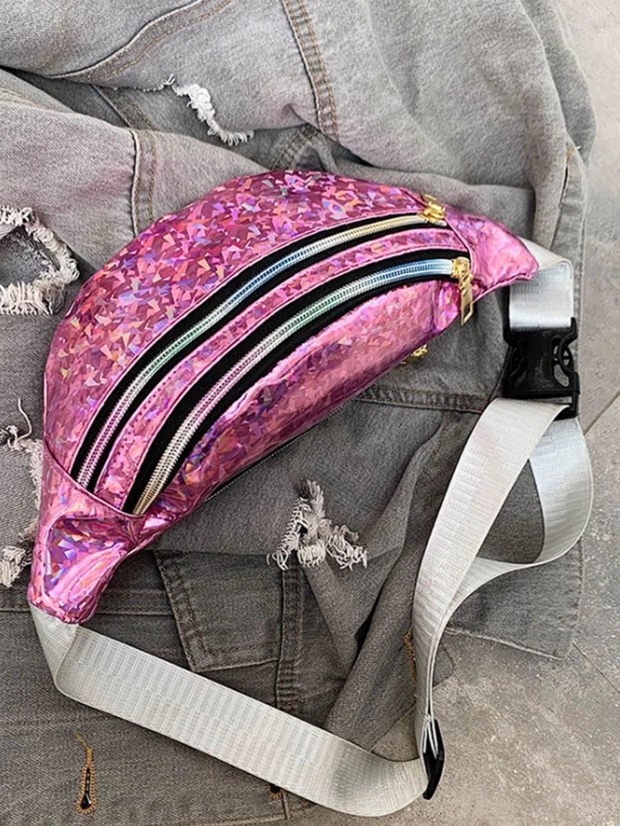 14575 1a-058 Riñonera con cremallera y patrón geométrico holográfico rosa