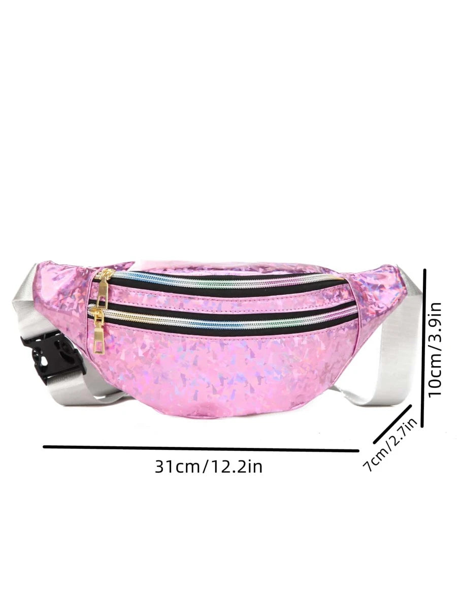 14575 1a-058 Riñonera con cremallera y patrón geométrico holográfico rosa