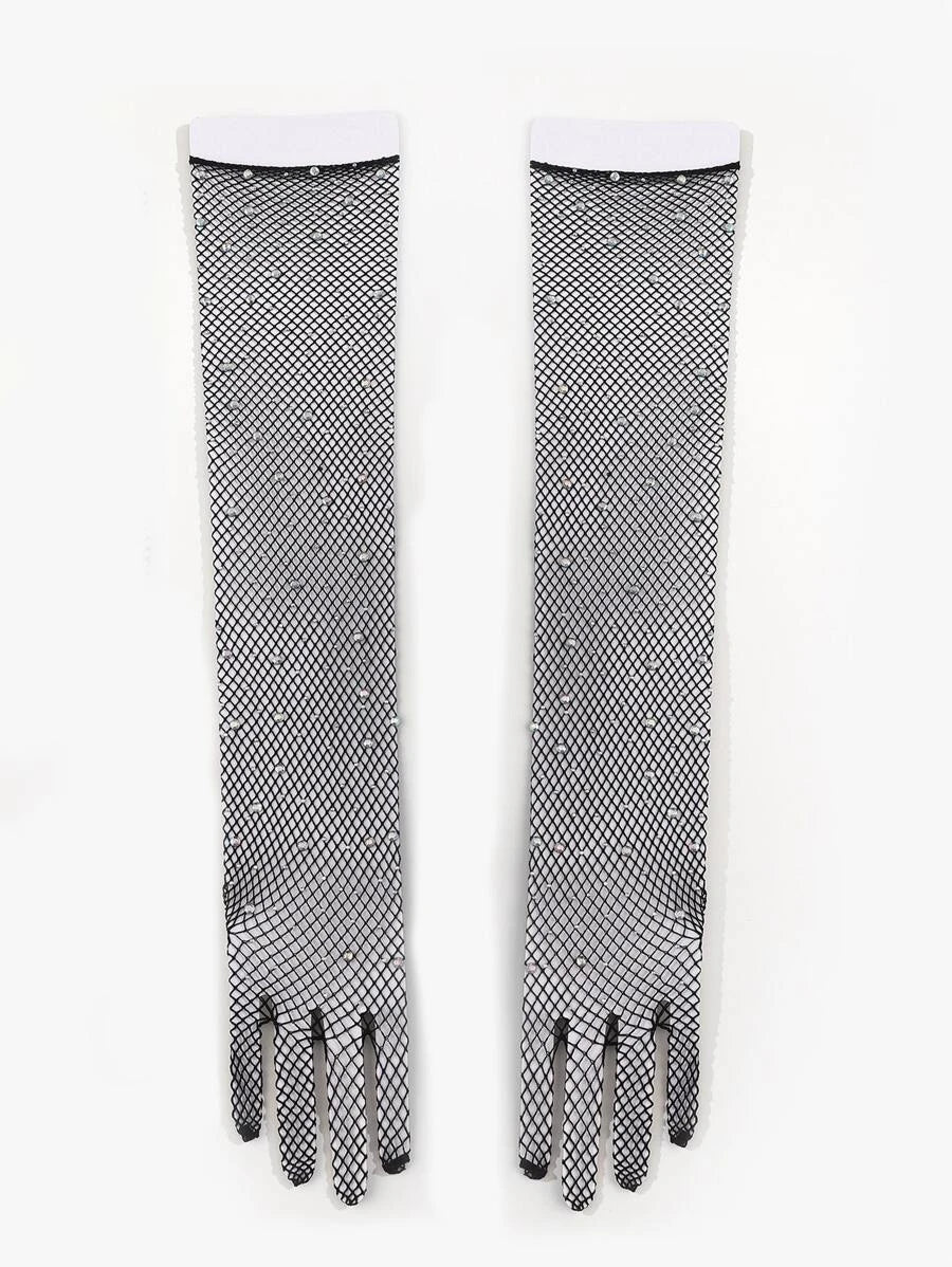 9325 1a-093 Guantes largos de rejilla con decoración de diamantes de imitación