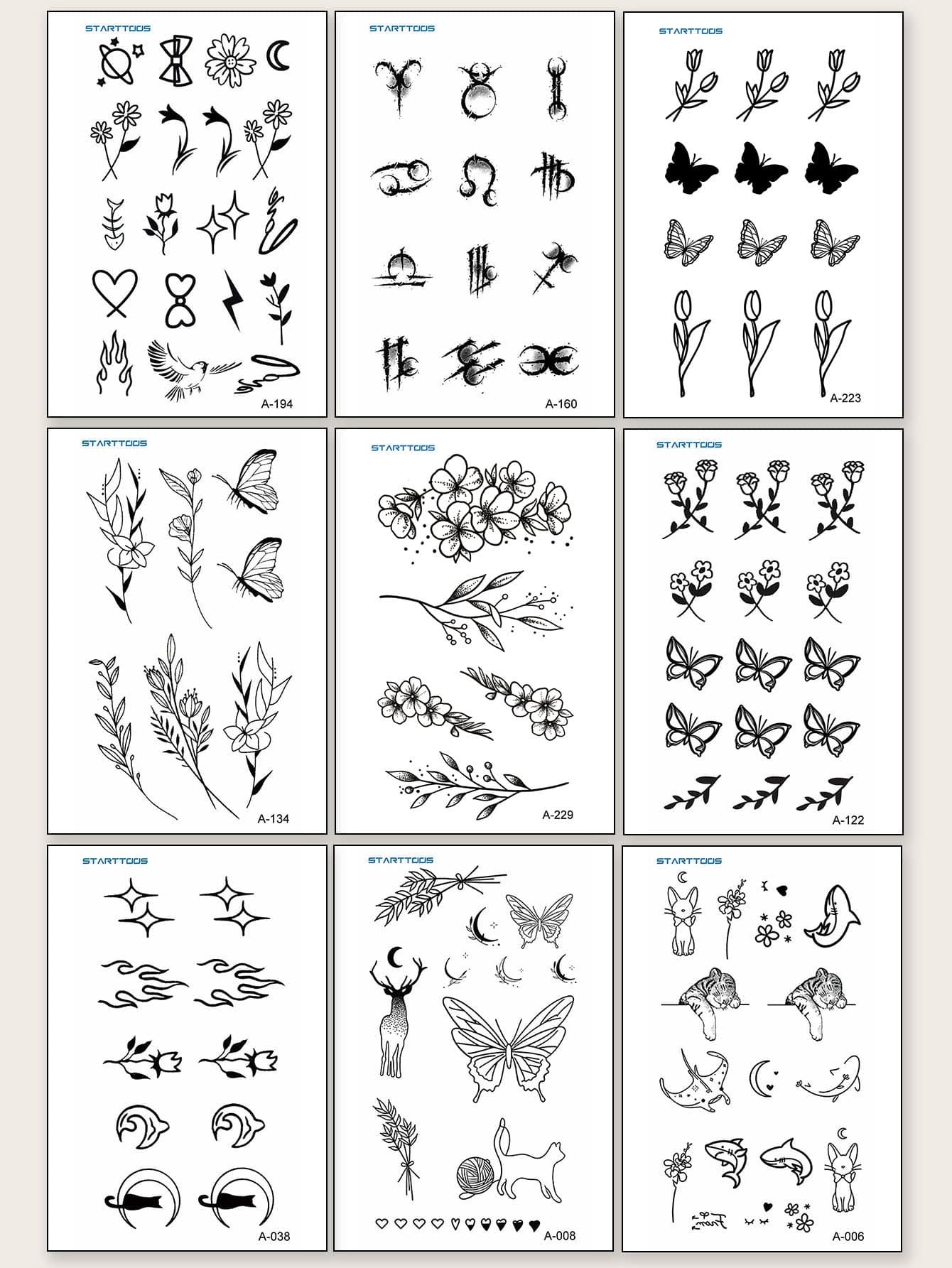 7880 a13-02 Nueve hojas de tatuajes temporales con gráficos florales y animales para mujeres