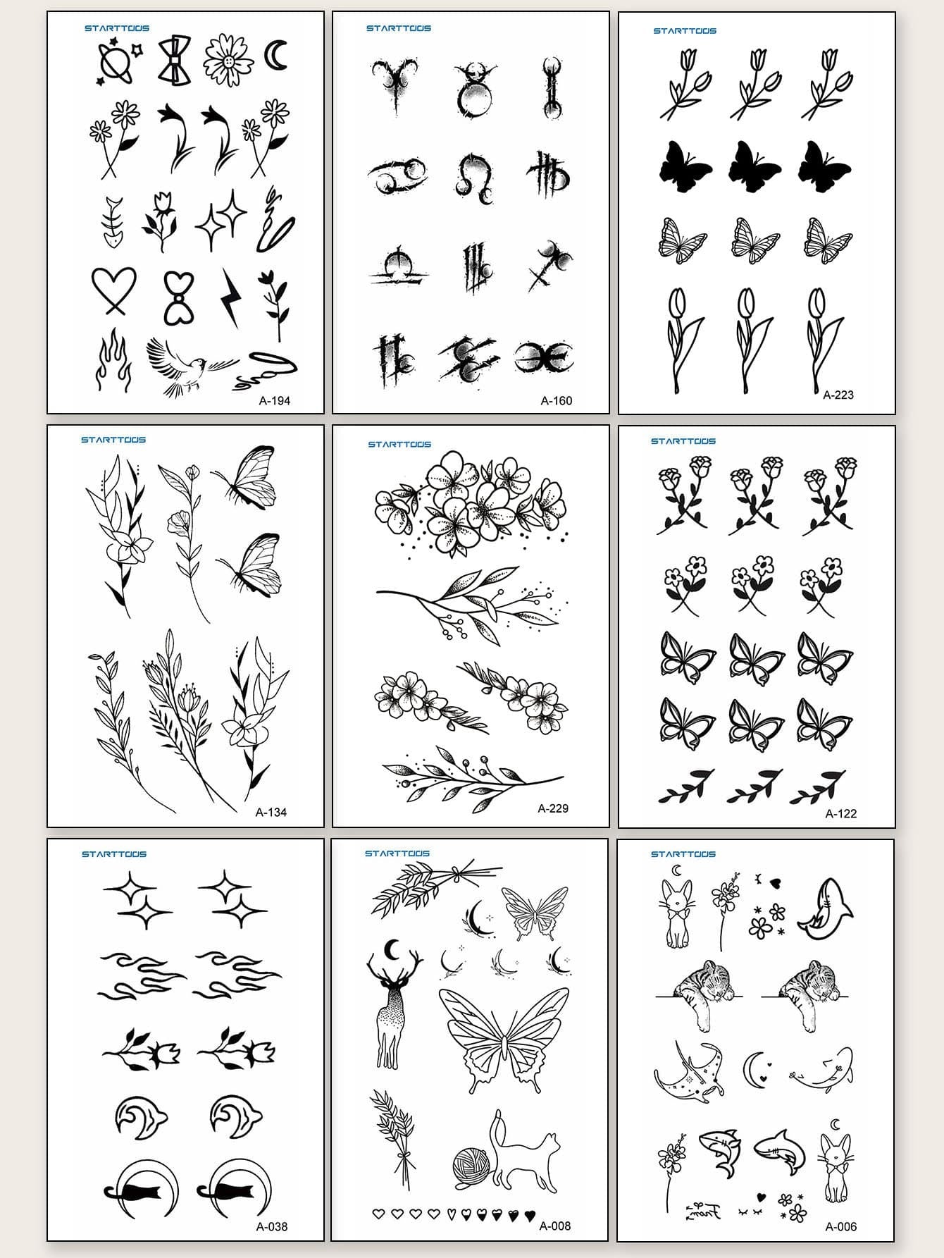 7880 1b-02-05 Nueve hojas de tatuajes temporales con gráficos florales y animales para mujeres