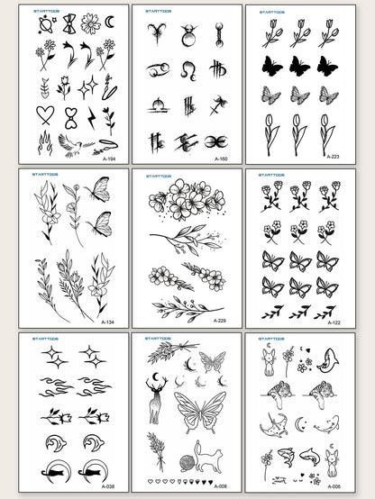 7880 1b-02-05 Nueve hojas de tatuajes temporales con gráficos florales y animales para mujeres