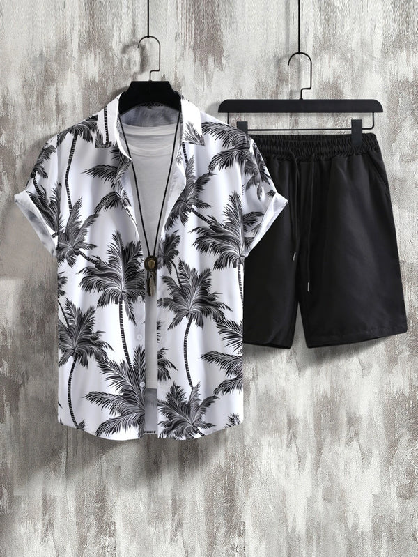 6580 a01-03 Manfinity RSRT Hombres con estampado tropical Camisa & de cintura con cordón Shorts sin camiseta