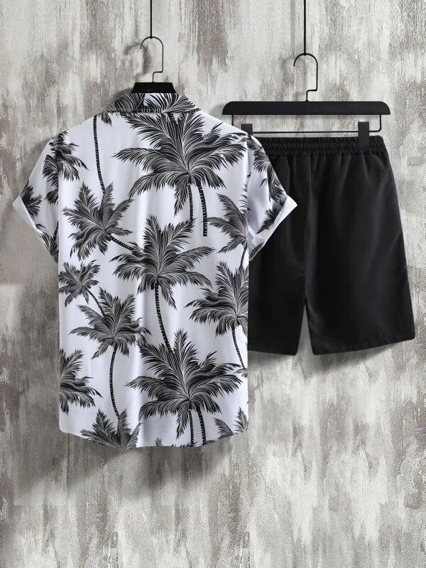 6184 Manfinity RSRT Hombres con estampado tropical Camisa & de cintura con cordón Shorts sin camiseta