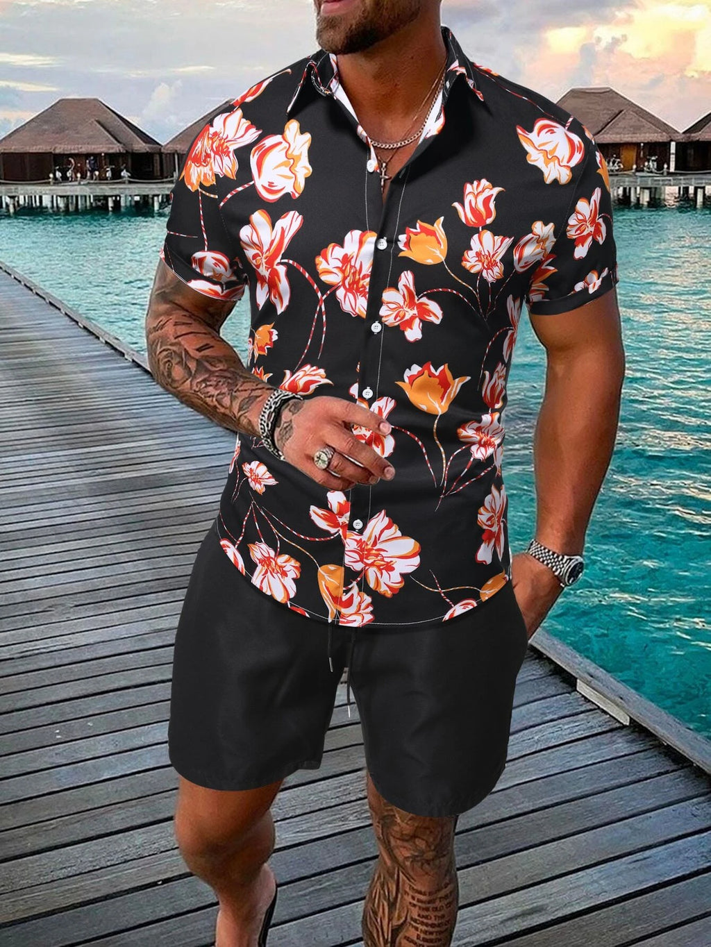 14009 2c-282 Conjunto Hombres con estampado floral 2 Pzas