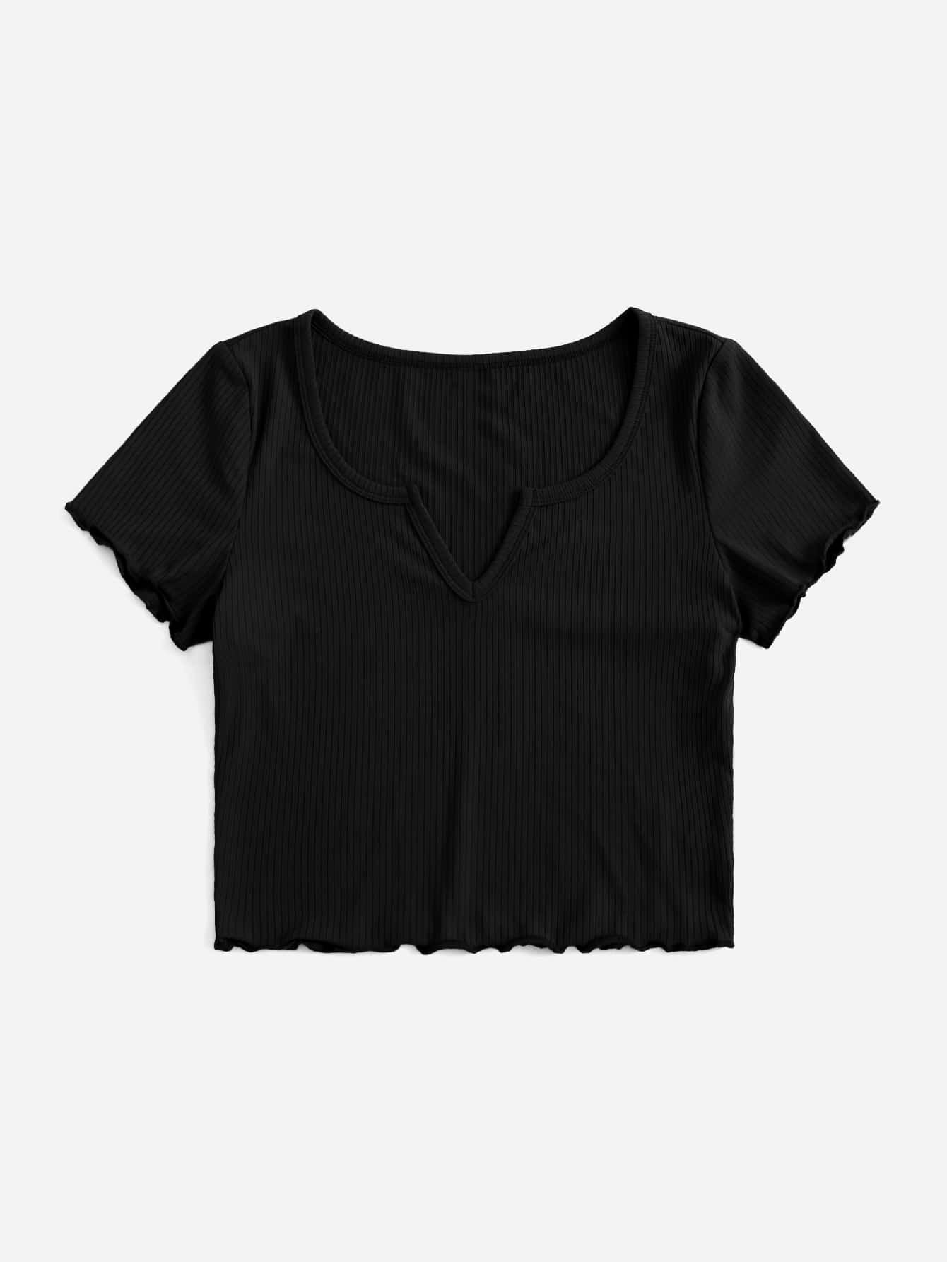 10237 a05-05 Camiseta de cuello notch ribete en forma de lechuga tejido de canalé