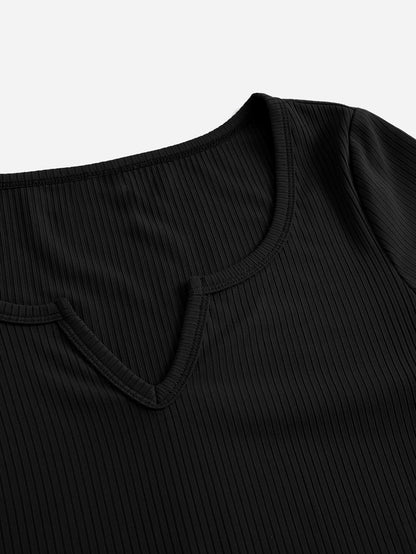 10237 a05-05 Camiseta de cuello notch ribete en forma de lechuga tejido de canalé