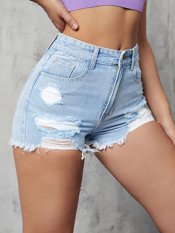 6584 a01-03 Shorts mezclilla desgarro bajo crudo