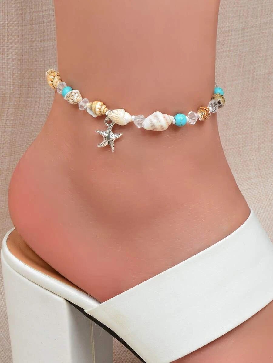 11637 1b-020 Pulsera tobillera con cuenta estrella de mar accesorio con diseño de concha