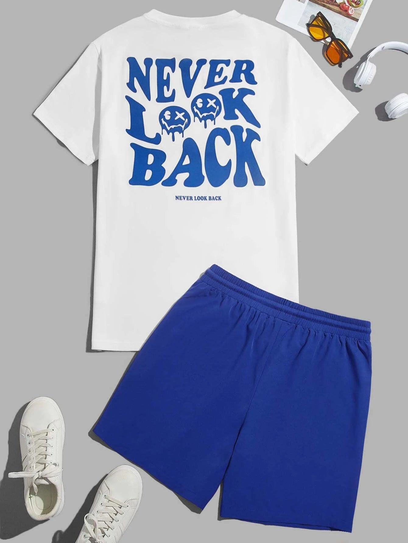 6718 2c-282 Short con camiseta con estampado de slogan y dibujos animados