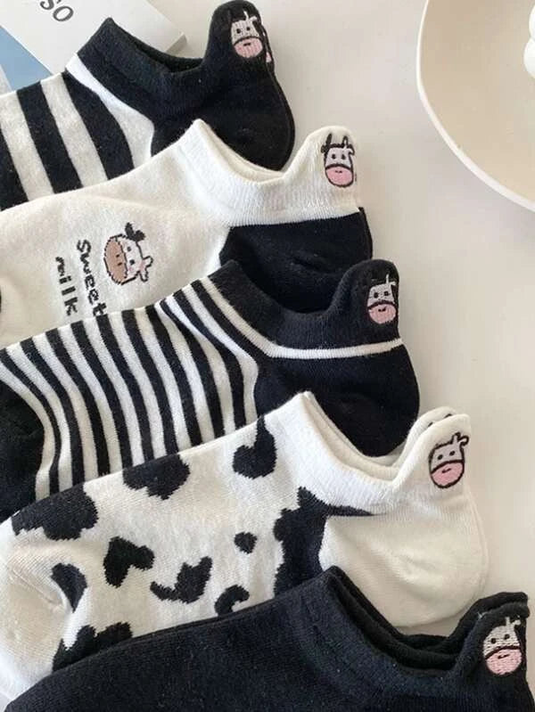 7864 a08-12 Calcetines 5 pares tobilleros con estampado de vaca