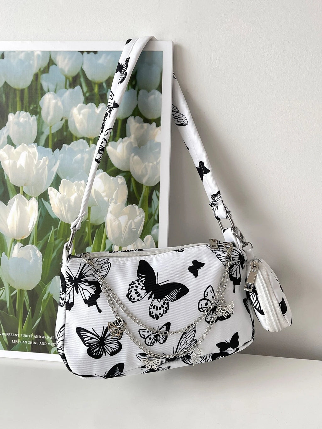 5831 1c-01-09 Bolsa cuadrada con estampado de mariposa con monedero